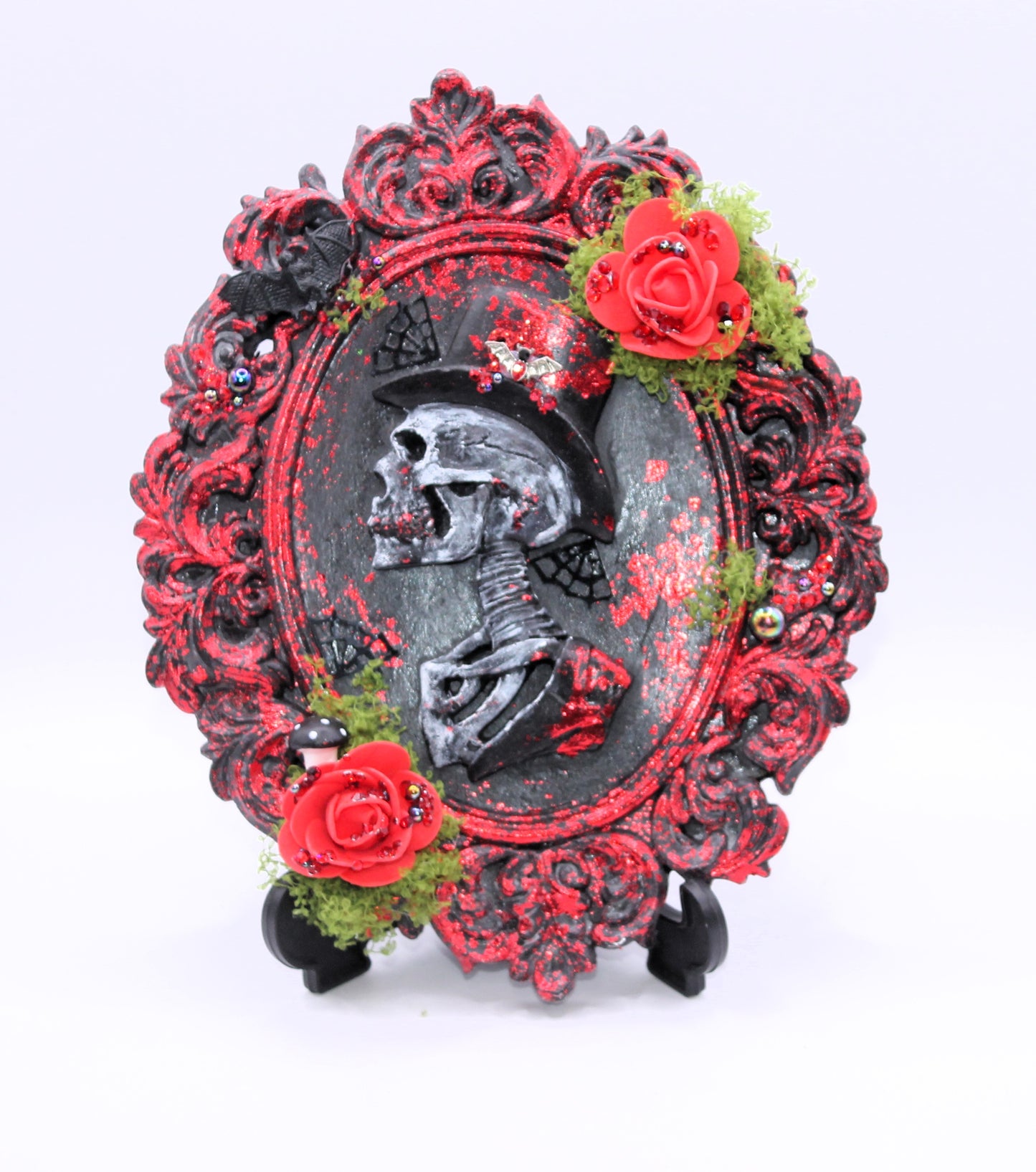 Red male skull portrait with flowers
