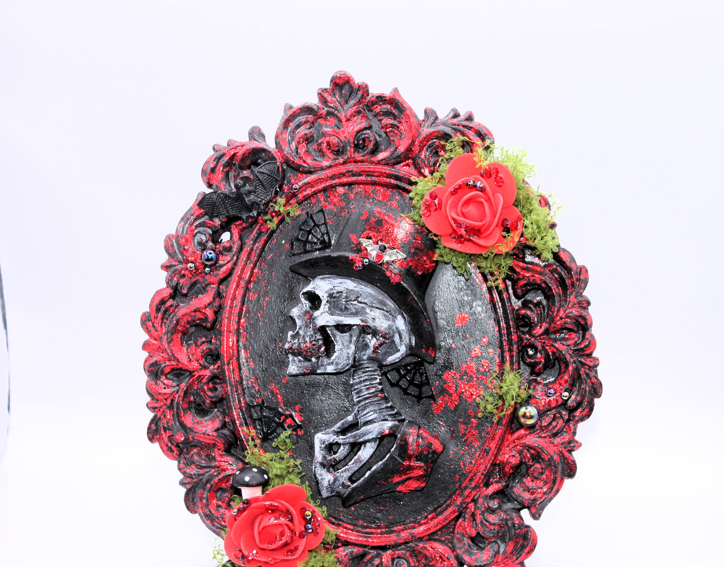 Red male skull portrait with flowers