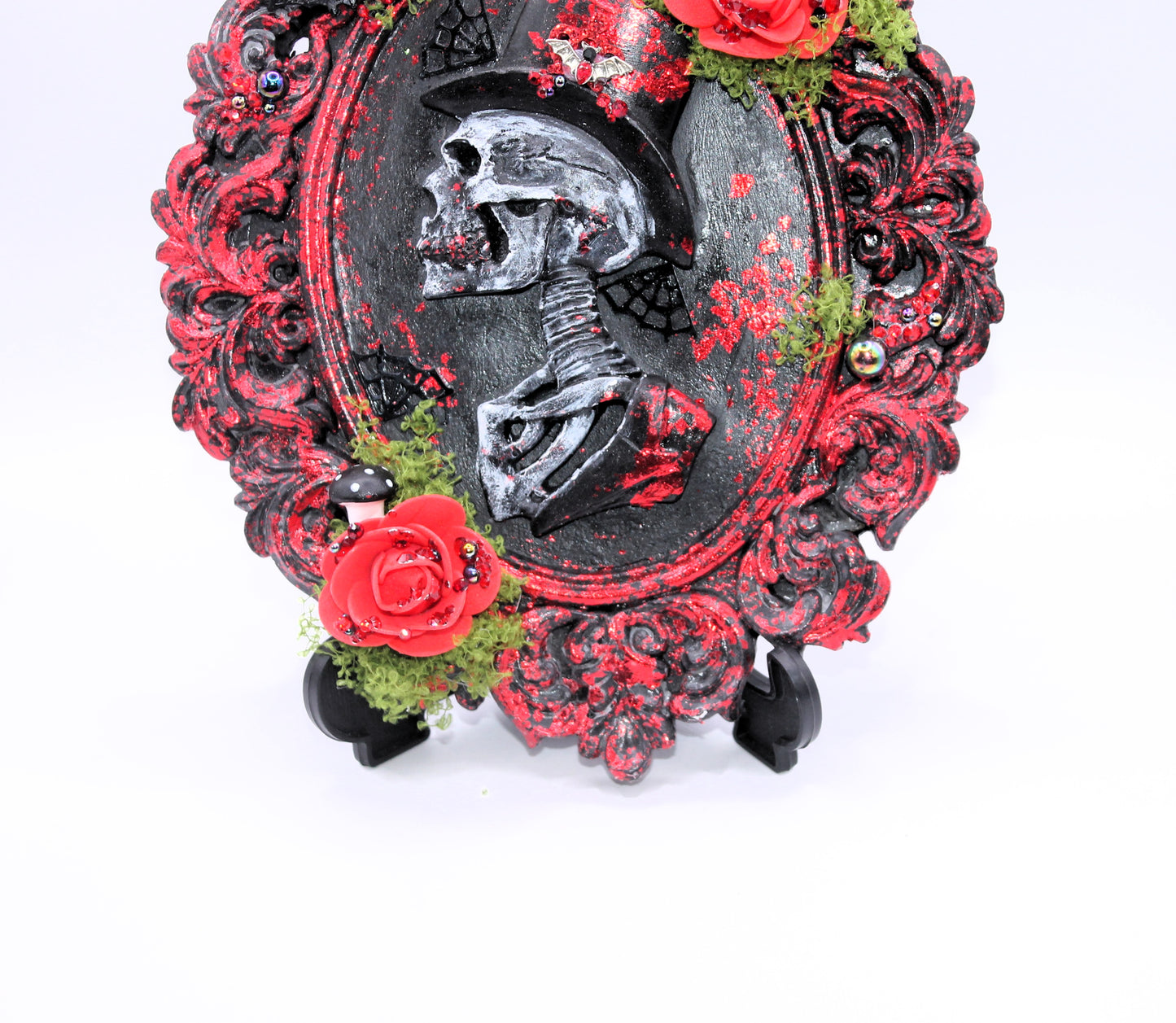 Red male skull portrait with flowers