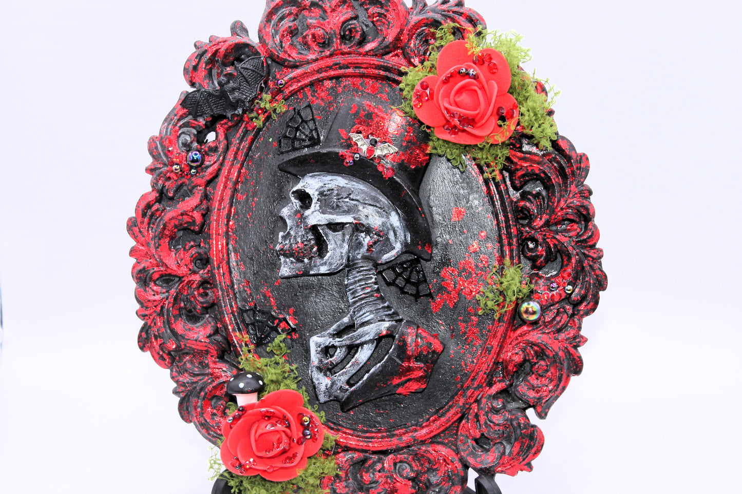 Red male skull portrait with flowers