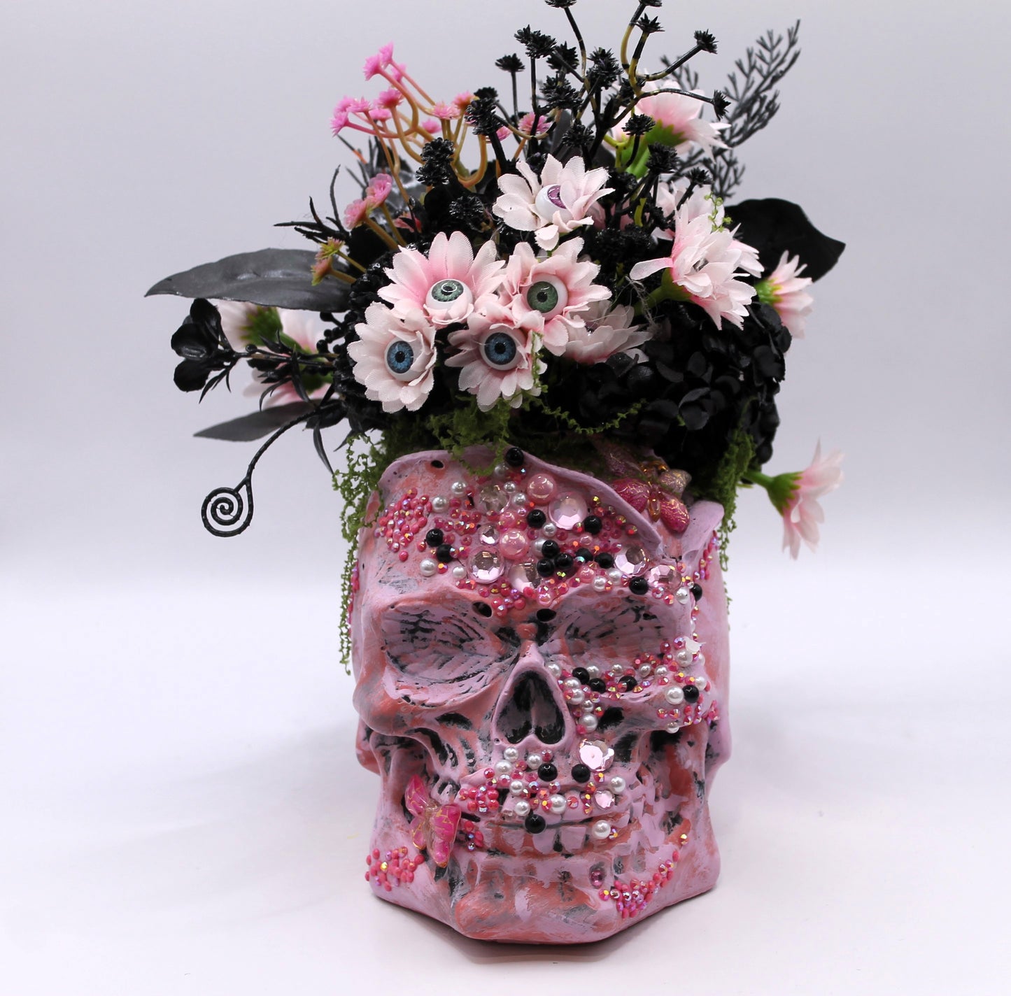 pink rose skull flower arrangement macabre decor