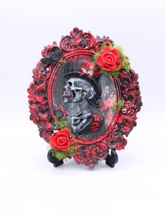 Red male skull portrait with flowers