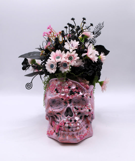 pink rose skull flower arrangement macabre decor