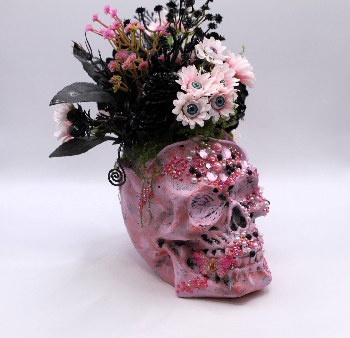 pink rose skull flower arrangement macabre decor