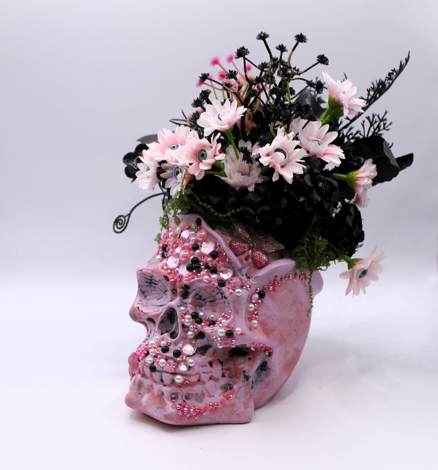 pink rose skull flower arrangement macabre decor